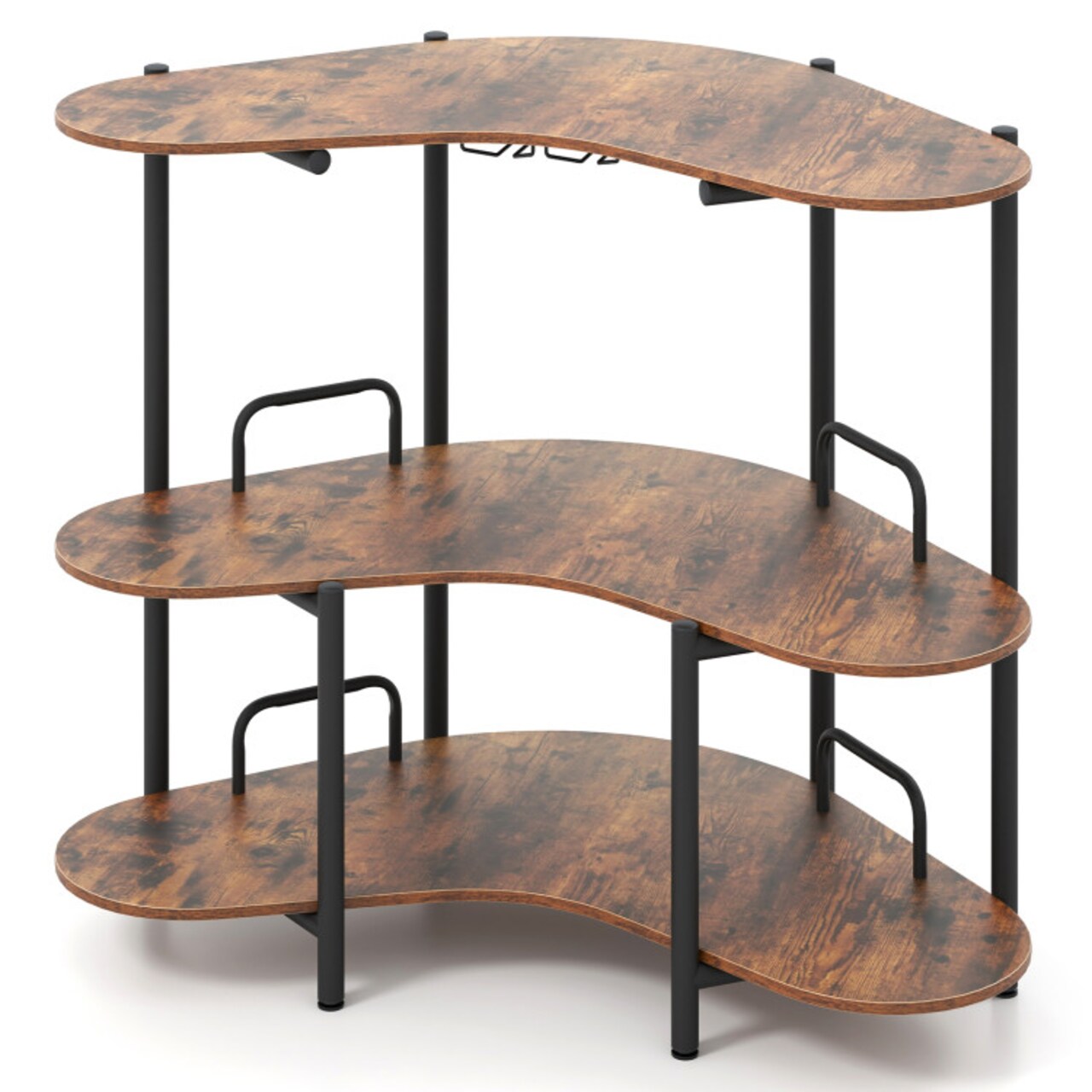 Industrial 3-Tier Bar Table with Wine Glass Holder and Storage Shelves